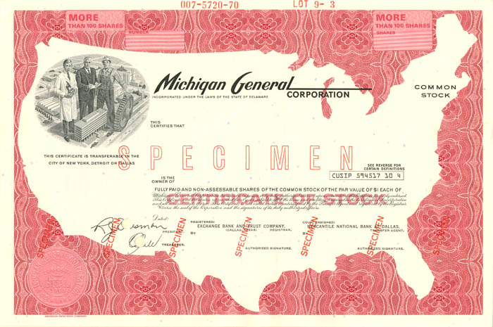 Michigan General Corporation - Stock Certificate